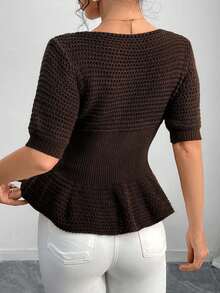 Einfarbiger, lässiger Kurzarm-Pullover mit Knopfverzierung - Braun - Übersicht 2
