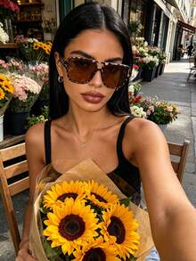 1pc Leopard Print Double Bridge Aviator Square Fashion Glasses, Unisex Elegant Facial Contouring Accessory For Commuting, Street Style, Outings, Versatile - 白豆花全茶 - 查看 5