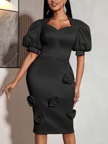 Vestido feminino AOMEI preto elegante ajustado de comprimento médio, decote em forma de coração, mangas bufantes, decoração floral 3D, adequado para convidadas de casamento, Dia dos Namorados - Preto - Ver 5