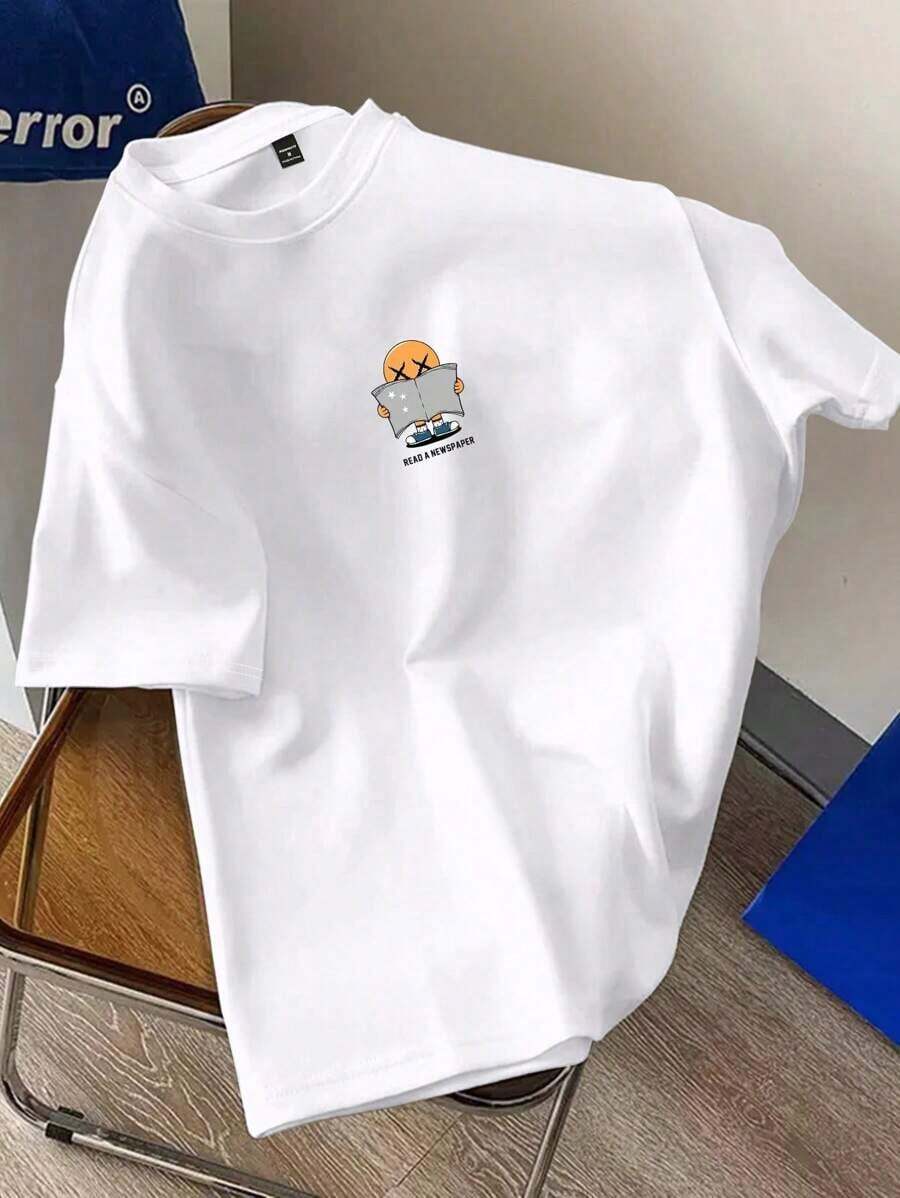 Cute Cartoon Print Off-Shoulder Short-Sleeved T-Shirt, Suitable For Casual Wear. - 白色的 - 查看 1