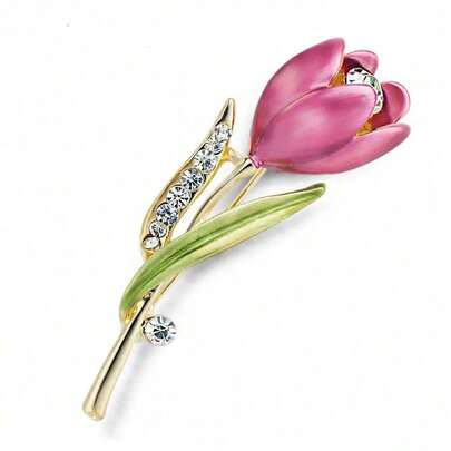 1pc Bride Brooch New Rhinestone Elegant Tulip Brooch Zinc Alloy Painted Flower Lapel Pin Clothing Accessories Dinner Party Wedding Brooch Valentine's Day, Mother's Day Gift