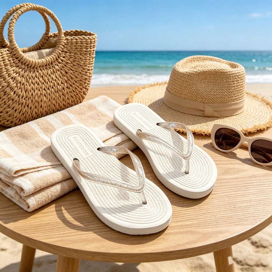 Cute Floral Print Flip Flops For Women, Comfortable Non-Slip Thong Sandals, Lightweight Summer Beach Shoes With Cushioned Sole For Pool, Shower, Travel, Casual Wear - trắng - Xem 1