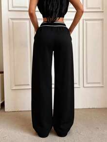 Women Black High Waist Contrast Stripe Waistband Wide Leg Sweatpants, Loose Casual Jogging Trousers With Side Pockets,Summer Lightweight High Waisted Wide Leg Track Pants With Pockets - 黑與白 - 查看 4