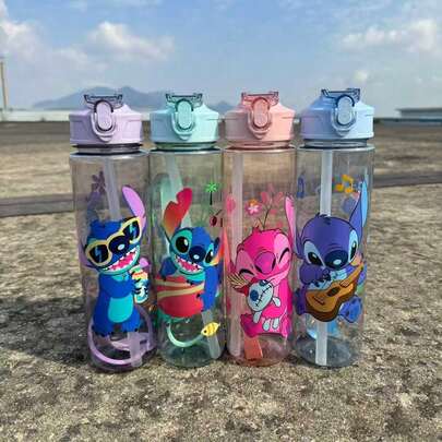 Disney Bình nước Stitch Angel 800ml, cốc nhựa dung tích lớn có nắp bật, cốc nhựa hoạt hình, cốc trong suốt, bình nước thể thao ngoài trời, quà tặng sinh nhật, cốc có tay cầm tiện dụng