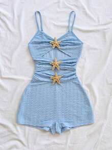 Mono de mujer con decoración de estrella de mar hueca, adecuado para fiesta y uso en casa - Celeste - Ver 5