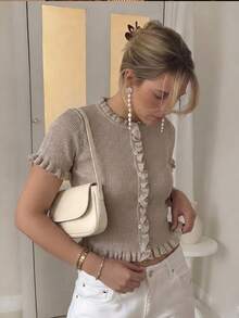 Women's Minimalist Elegant Chic Knit Top, Spring/Summer - Brown - View 9
