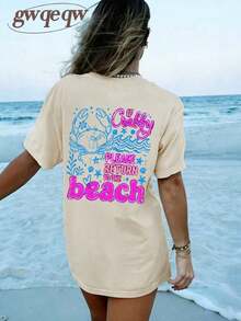 2026 Tropical Vacation OutfitsIf Crabby Please Return To The Beach Double Sided Crab Graphic Tee, Coastal Aesthetic Graphic Tees Women, Summer Fits F - 杏色 - 查看 3