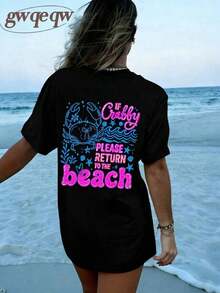 2026 Tropical Vacation OutfitsIf Crabby Please Return To The Beach Double Sided Crab Graphic Tee, Coastal Aesthetic Graphic Tees Women, Summer Fits F - 黑色 - 查看 3