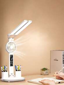 Lámpara de escritorio multifuncional 2 en 1 con ventilador incorporado y reloj digital, luz de lectura plegable de doble cabezal con cuidado ocular, soporte para bolígrafos, alimentada por USB, regulación táctil, adecuada para el hogar, la oficina y el estudio, color blanco minimalista - Unitalla - Ver 3