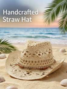 1pc Bohemian Style Casual Braided Beaded Hollow Out Panama Straw Hat Western Cowboy Hat Sun Hat Multi-Functional All Season - MZ3056+ML56 - View 8