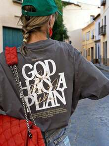 Camiseta de manga corta con cuello redondo, suelta y versátil, con estampado gráfico de letras, ideal para el verano y uso diario de moda - Gris Oscuro - Ver 6