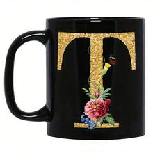1pc Gold Letter & Floral Print Ceramic Coffee Mug, Beautiful & Practical Gift For Women, Girls, Office, Home Use - Black - View 31