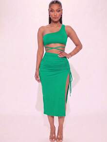 Women's Sexy One Shoulder Crop Top With Criss Cross Detail And Ruched Split Thigh Midi Skirt Two Piece Set Comfortable Knitted Fabric For Casual Or Party Wear - 綠色 - 查看 1