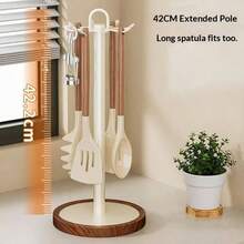 1个不锈钢厨房用具收纳架，带木质底座、可旋转、8个挂钩 - 彩色 - 查看 5