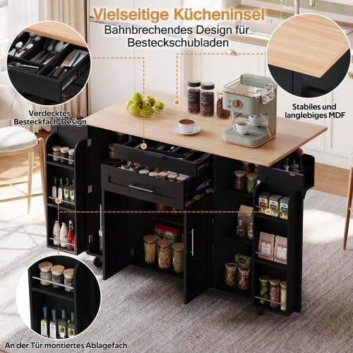 120*45cm, Mobile Kitchen Island, Kitchen Trolley, Extendable Worktop Up To 70cm, Concealed Cutlery Drawer, Adjustable Shelves, Spice Rack And Towel Rail, Suitable For Kitchen, Dining Room Or Living Room - Black + Natural - View 1