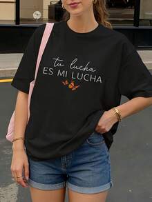Camiseta Negra con Estampado de Mariposas y Frase Tu Lucha Es Mi Lucha para Mujer Casual - Negro - Ver 1