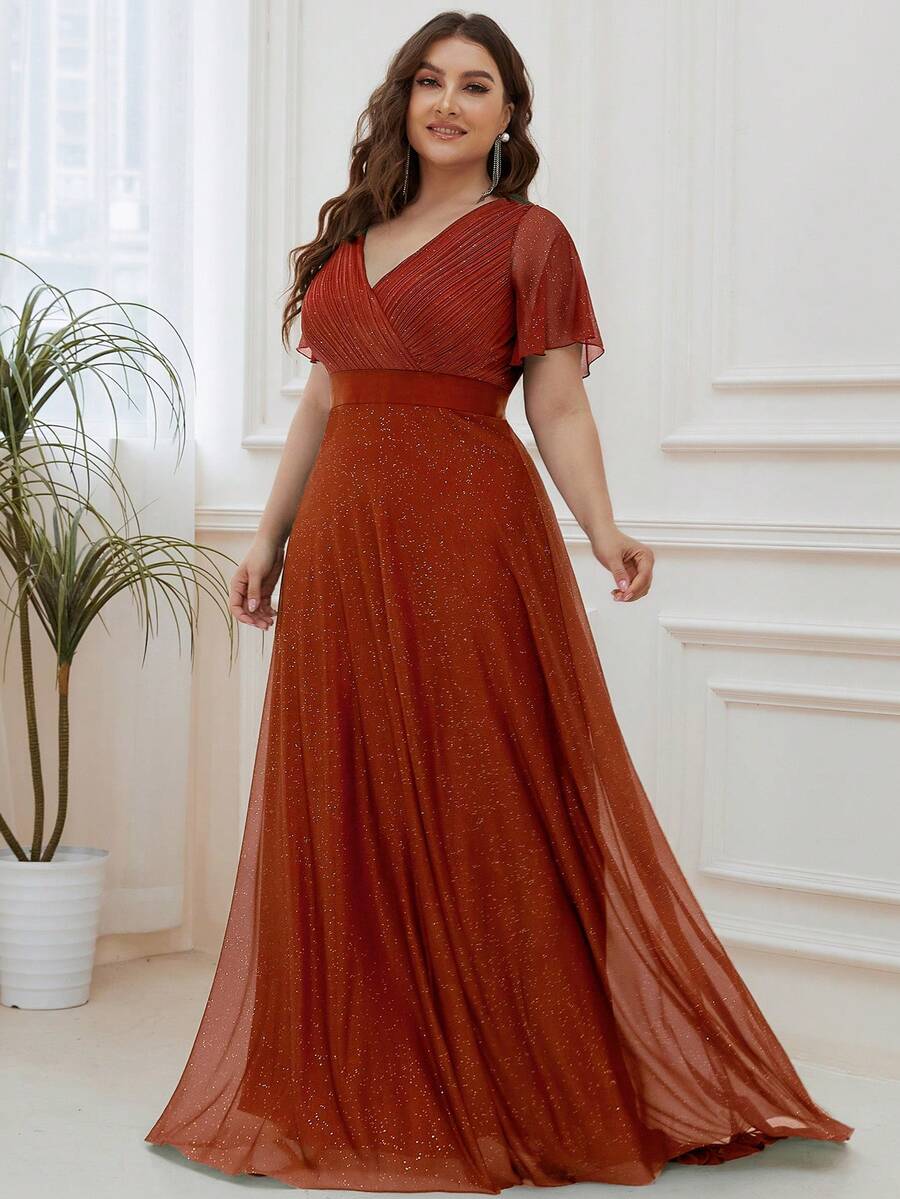 EVERPRETTY Đầm dài mùa hè cỡ lớn cổ chữ V màu cam rực rỡ thanh lịch, thích hợp cho phù dâu, mẹ cô dâu, dự tiệc cưới mùa hè, tiệc tùng và các dịp trang trọng.
