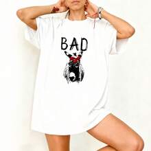 Camiseta Oversize Blanca Con Estampado De Burro Y Texto BAD Para Ocio - Blanco - Ver 3