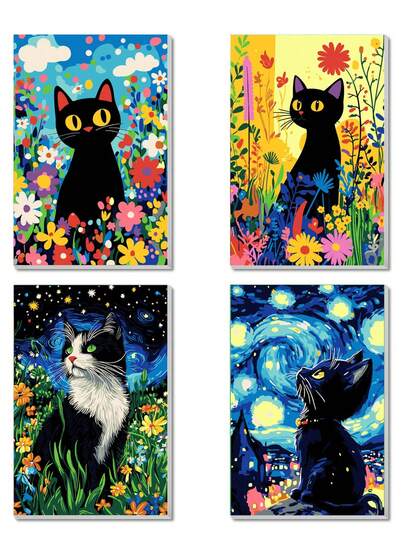 4pcs DIY Adult Numeric Painting Kit, 20*30cm With Paint And Brushes, Suitable For Stress Relief, Number Painting, Handmade Numeric Filling, Cat & Floral Design Canvas, Room Decor Wall Art, Beginner Painting, Ideal Gift For Friends (Frameless)