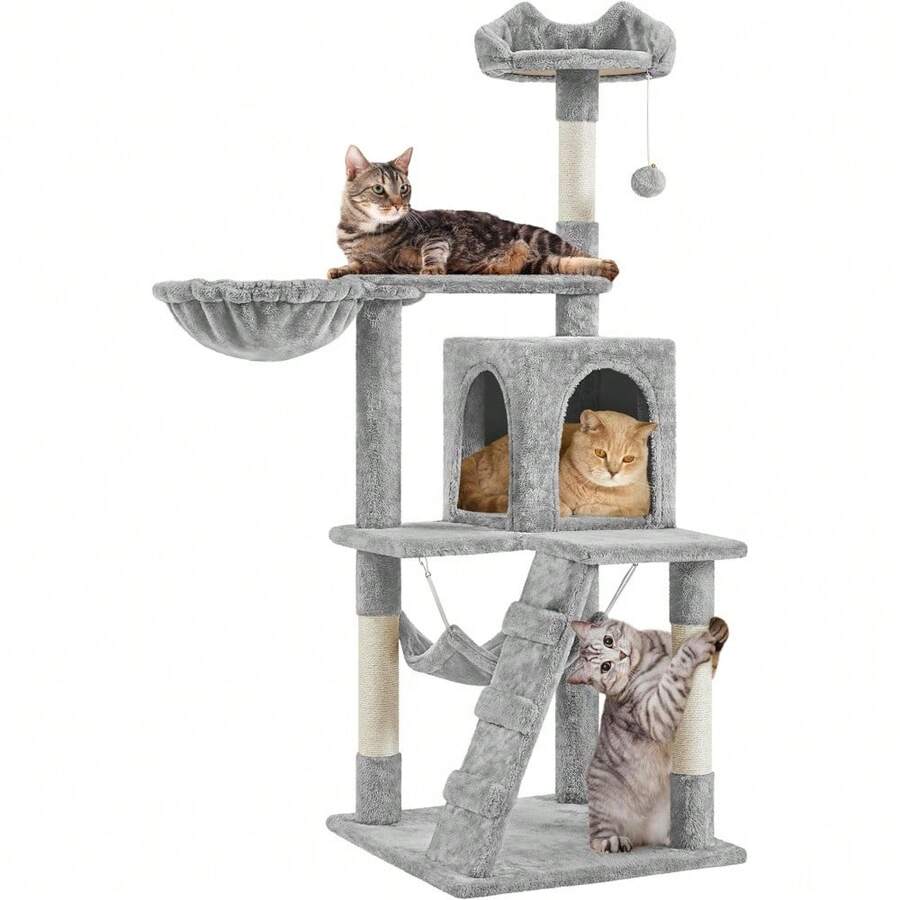 54in Cat Tree | Multi-Level Cat Tower W/Spacious Perch, Cozy Condo And Hammock, 3 Scratching Posts, Interactive Toy | Sturdy Pet Furniture | For Indoor Kittens To Large Cats | Light Gray - Xám nhạt - Xem 1
