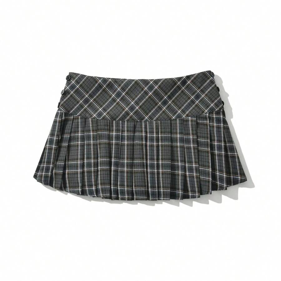 Minifaldas de verano para mujer, faldas a cuadros de moda coreana vintage para mujer, faldas y2k, faldas a cuadros verdes plisadas, estilo preppy - Gris - Ver 1