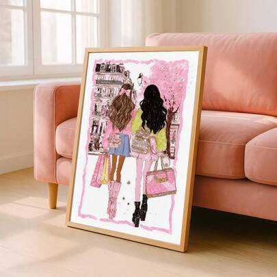 1pc Framed/Unframed Pink Shopping Fashion Girl Canvas Poster Preppy Coquette Wall Art Print Girly Makeup Room Decor Stylish Scroll Painting For Vanity,Living Room,Bedroom,Modern Home Decoration