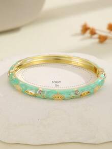 1pc Fashionable New Plated Gold Delicate Rhinestone Crown Pattern Cloisonne Bangle Bracelet, Jewelry Gift For Women & Girls - Mint Green - View 5