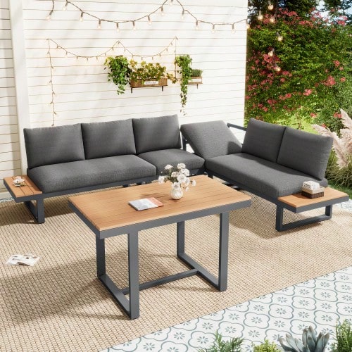Garten-Essgruppe,Gartenmöbel-Set, Eckstellung, mit verstellbarer Neigefunktion (5-stufig, bis 55°), verzinktes Stahlrohr, Tischplatte Kunststoff-Holz, mit Esstisch, grau + schwarz - Noir et gris - Voir 1