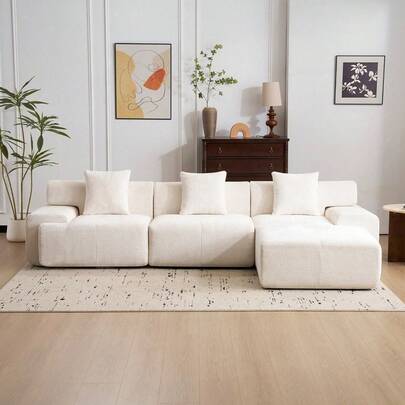 ATOMHOME 120.47" Chenille 3 Seater Sofa With Ottoman Boneless Couch, L Shaped Cloud Sofa No Assembly Required Modular Sectional Sofa For Living Room, Cloud Couch Modern 3 Seater Couch Deep Seat Sofa With Movable Ottoman For Living Room Spacious Space Office Lounge