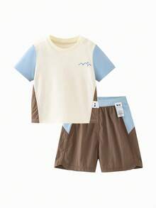 mini bala 2026夏季男童快乾運動拼接色短袖T恤短褲套裝，透氣，適合戶外跑步與校園穿著 - 咖啡 - 查看 1