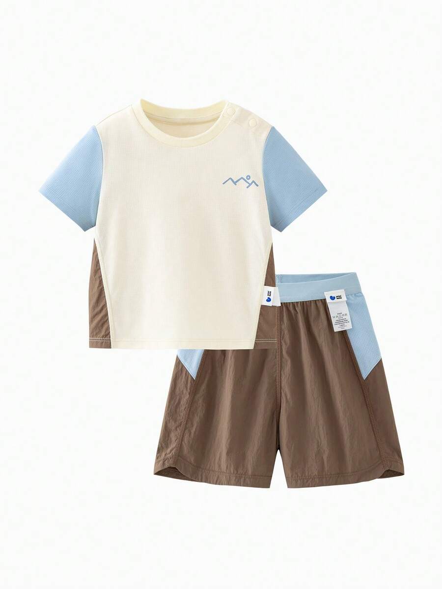 mini bala 2026夏季男童快乾運動拼接色短袖T恤短褲套裝,透氣,適合戶外跑步與校園穿著 - 咖啡 - 查看 1