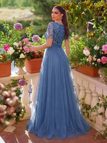 Faeriesty Elegant Women's Long A-Line Dress, Mesh Embroidery Sequin Floral Short Sleeve Round Neck Formal Evening Gown Vacation - Blue - View 2