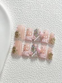 10件套甜美少女风手工美甲套装，包含按压式美甲贴片、硬币、棒棒糖、小花朵美甲配件、条纹美甲装饰、粉色指甲油，梦幻少女风，附赠美甲工具（1张果冻贴片+1把指甲锉），三种尺寸可选：杏仁形、鸭子形、棺材形，适合聚会、日常、派对、拍照、玩耍、春夏、通勤等场合。 - 彩色 - 查看 2