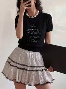 Women's Casual Minimalist Letter & Pearl Decor Crew Neck Short Sleeve Knit Top, Summer Black - Black - View 1