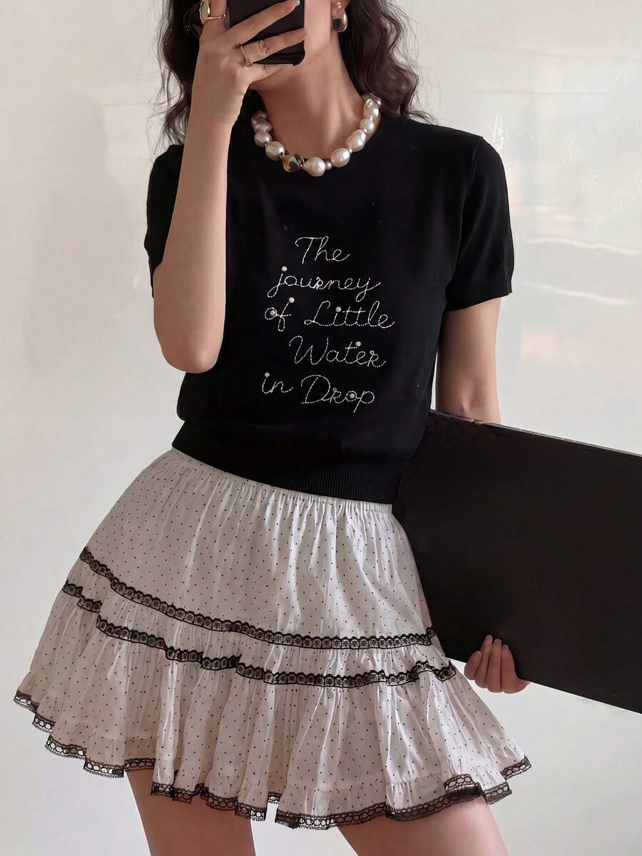Women's Casual Minimalist Letter & Pearl Decor Crew Neck Short Sleeve Knit Top, Summer Black - Black - View 1