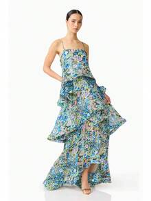 Brick Lane Co. 2026 European And American Summer And Sweet Printed Multi-Layer Cake Long Strap Dress Vacation Outfits Women Summer Outfits Women - 綠色 - 查看 6