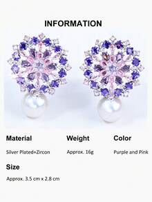 1 par de pendientes de gota con flor geométrica y perla, chapados en plata con circonita cúbica morada y rosa, joyería de CZ para boda, compromiso, baile de graduación, disfraz, accesorios para novias, damas de honor, uso diario - Morado - Ver 12
