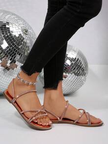 Minimalist Lightweight Round Toe Criss-Cross Strap Solid Color Glass Rhinestone Slip-On Sandals, Women Summer New Style Flat Sandals Suitable For Dresses, Fairy Style Two-Way Wear - Orange - View 4