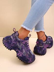Rhinestone Embellished Platform Sneakers For Women, High-End Thick Sole Elevator Shoes For Petite - Purple - View 4