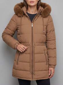 Women's Puffer Jacket With Faux Fur Lining For Winter With Hood - Óxido marrón - Ver 8
