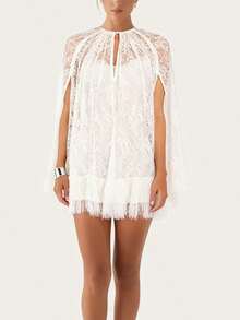 Women Lace Cape Dresses Loose See Through Crew Neck Mini Ruffled Dress For Party Club - 白色 - 查看 2