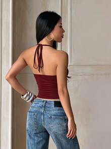 夏季上衣 女款街頭休閒短版上衣 紅色上衣 女款外出上衣 演唱會穿搭 返校季 健身 秋季打底背心 運動服 - 酒紅色 - 查看 5