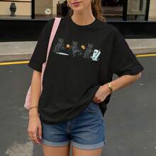 Camiseta Negra con Gatos Divertidos y Bebida para Mujer Estilo Casual Verano - Negro - Ver 3