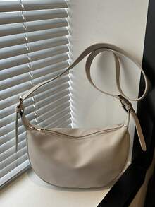 Women's Leather Dumpling Bag, PU Leather Saddle Shoulder Bag, Solid Color, Daily Commute Bag With Adjustable Strap - White - View 6