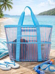 Orange Mesh Beach Tote Bag With Zipper Pocket, Large Capacity Transparent Net Grid Shopping Bag, Lightweight Summer Pool Travel Handbag, Can Hold Towel, Sunglasses, Sunscreen, Casual Holiday Picnic Gym Daily Use Tote - Multicolor - View 10
