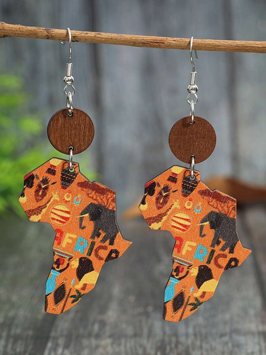 1 Đôi bông tai bằng gỗ in hình bản đồ văn hóa châu Phi cổ điển, kiểu dáng vintage dành cho nữ. - Nhiều màu - Xem 1