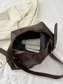 Bolso de hombro de mujer de gran capacidad y unicolor vintage, bolso cruzado multifuncional, bolso de mano, bolso cruzado de gran capacidad, bolso de trabajo casual (el color y la imagen pueden variar ligeramente), bolso retro - Café - Ver 4