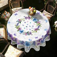 1件紫色與藍色花卉蝴蝶印花圓形桌布，防水防油聚酯纖維圓形餐桌罩，春季家居裝飾，適用於餐廳 / 花園派對 / 下午茶 - 彩色 - 查看 7