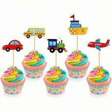 10pcs Transportation Themed Cake Decorations Set, Cartoon Car, Train, Airplane, School Bus And Ship Shaped Cupcake Toppers, Birthday Party Supplies, Traffic Vehicles Cake Picks - Classic Vehicles - View 1