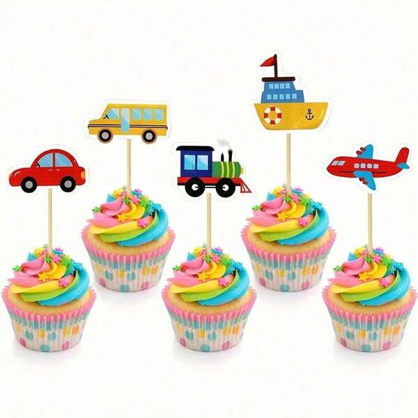 10pcs Transportation Themed Cake Decorations Set, Cartoon Car, Train, Airplane, School Bus And Ship Shaped Cupcake Toppers, Birthday Party Supplies, Traffic Vehicles Cake Picks